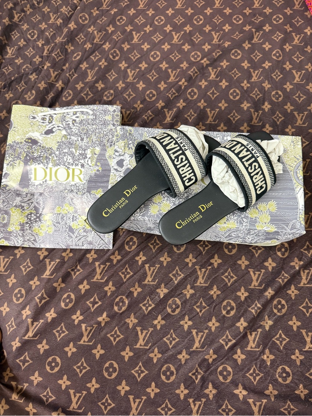 Dior Black and Cream Christian Dior Embroidered Slide Sandals - Picture 3 of 4